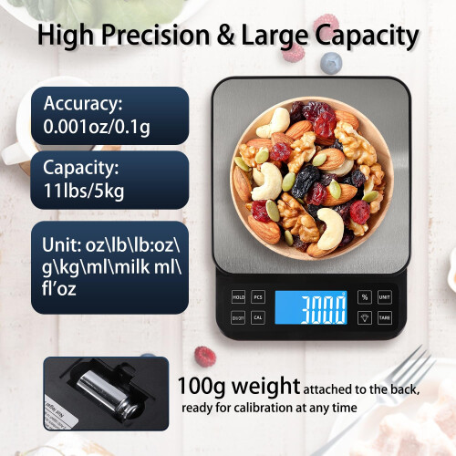 Large Kitchen Scale with 0.1g High Precision Capacity (5kg Black) 2