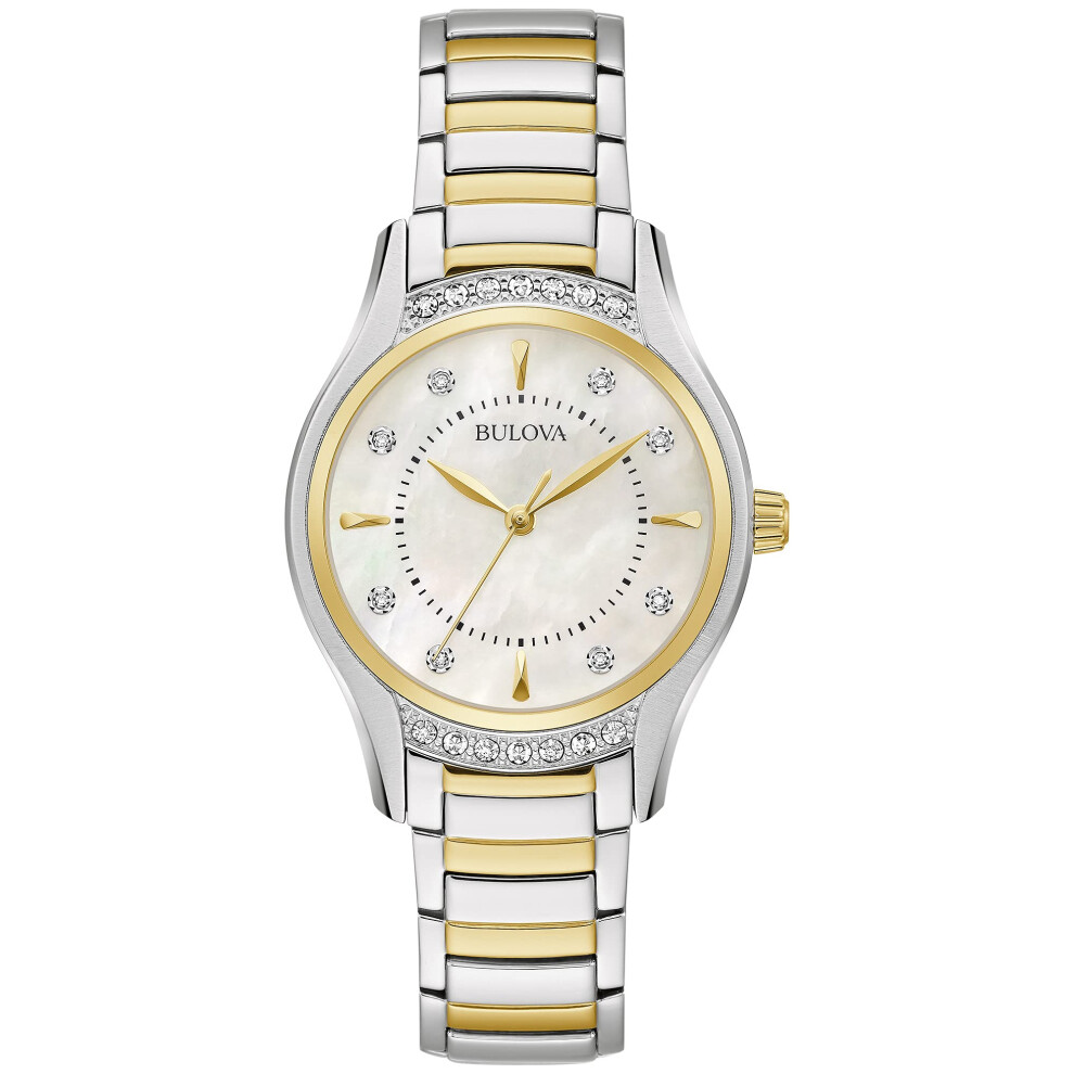 Bulova Ladies Classic Diamond 3Hand Quartz Stainless Steel Watch  16 Diamonds  MotherofPearl Dial  Curved Mineral Crystal  T