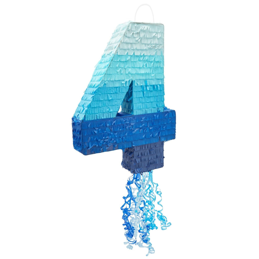 PiñAta Mit Zugschnur Nummer 4 FüR Jungen, Party-Dekoration Zum 4. Geburtstag, Ombre-Blau (16,5 X 12 X 3 Zoll)-image