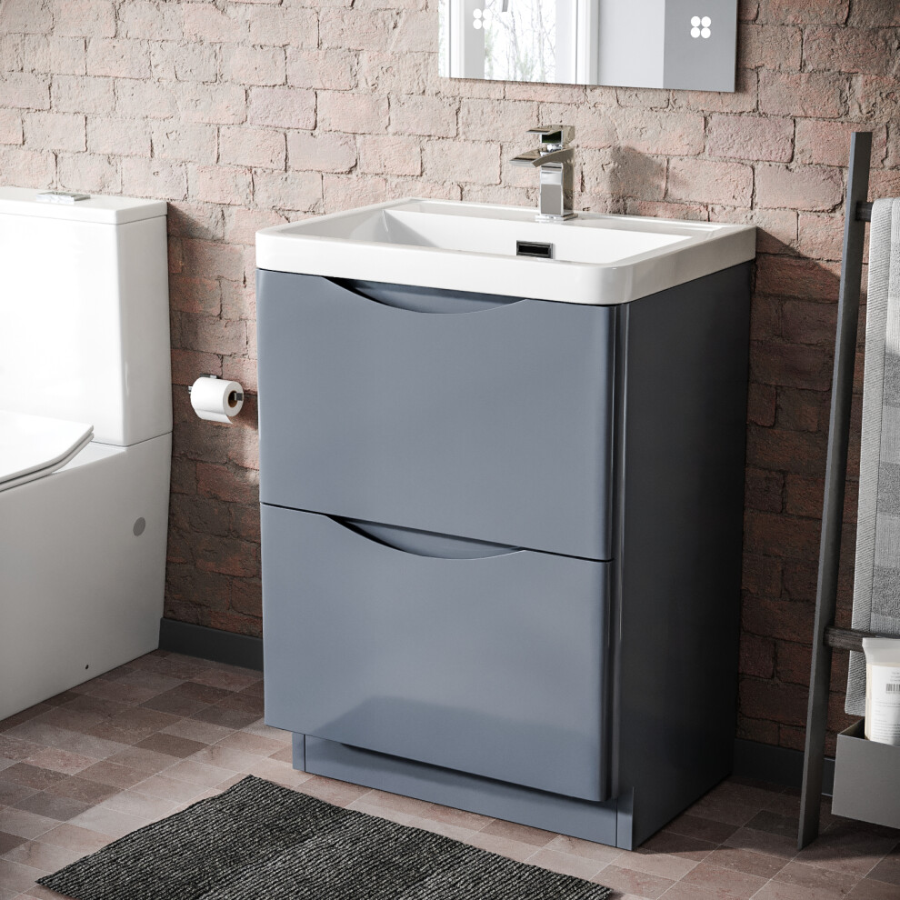 Merton Grey 600mm Freestanding Bathroom Gloss Vanity Unit Basin