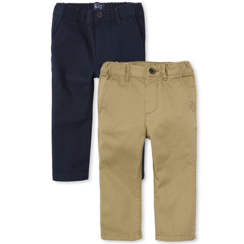 The Children's Place Baby Jongens En Peuter Stretch Chino Broeken Vlas/Nieuw Marine 2-Pack 18-24 Maanden Vs-image