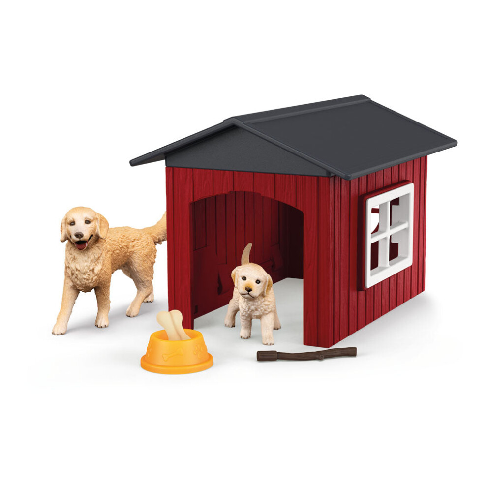 Schleich Farm World Dog Kennel With Retrievers Toy Playset Golden