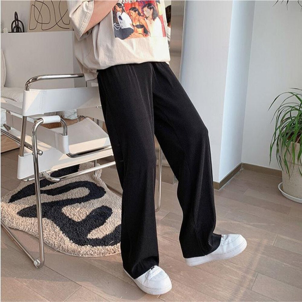 (black, 4XL) Men&apos;s Fashion Summer Clothing Elastic Waist Casual Pants Streetwear Loose Ice Silk Trousers Man Baggy Wide Leg Pleated Straight Trousers Pants M-