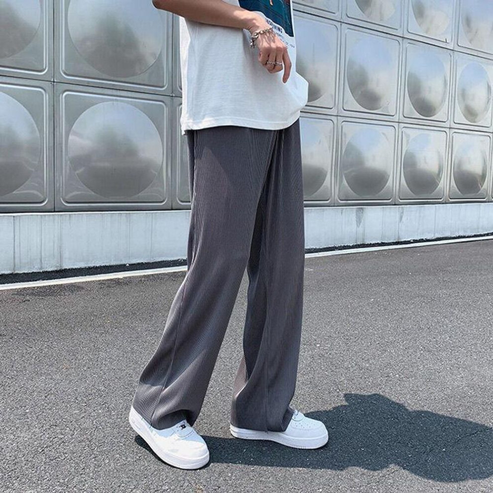 (grey, 4XL) Men&apos;s Fashion Summer Clothing Elastic Waist Casual Pants Streetwear Loose Ice Silk Trousers Man Baggy Wide Leg Pleated Straight Trousers Pants M-