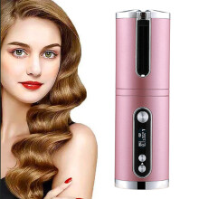 (Rose) Fer à friser automatique sans fil avec affichage LCD, température et minuterie réglables, portable et rechargeable, céramique rotative