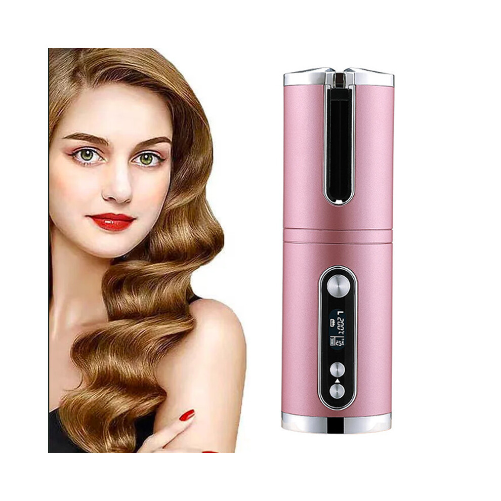 Goplushtoy (Pink) Cordless Auto Hair Curler Automatic Curling Iron Lcd Display Adjustable Temperature & Timer Portable Rechargeable Rotating Ceramic