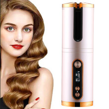 (Or rose) Fer à friser automatique sans fil avec écran LCD, température et minuterie réglables, portable, rechargeable, céramique rotative