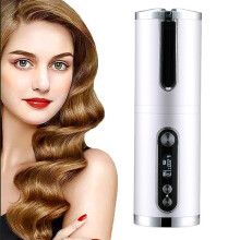 (Blanc) Boucleur de cheveux sans fil automatique - LCD - Température réglable et minuterie - Portable et rechargeable - Céramique rotative