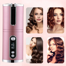 (Rose) Fer à boucler automatique sans fil avec affichage LCD, température réglable, portable et rechargeable, boucleur rapide, Taille S