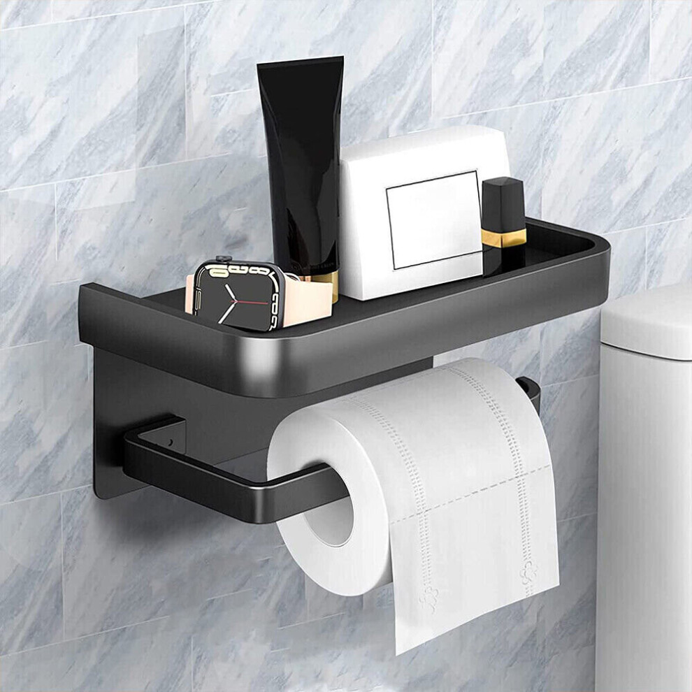 Self Adhesive Toilet Roll Holder Space Aluminum Toilet Paper Holder with Shelf