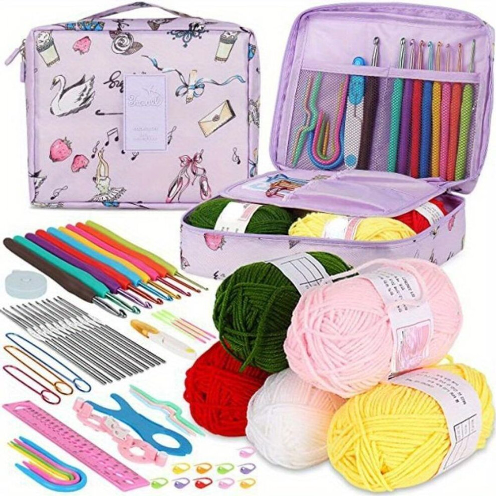 (light purple) 1 Set Beginner&apos;s Yarn And Beginner&apos;s Book Crochet Kit Learn To Use Ergonomic Soft Grip Crochet Hooks And Blue Flower Bag Crochet Kit Gifts F