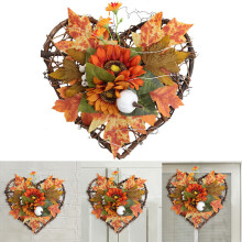 LOVE Heart LED Lighted Autumn Wreath with Maple, Sunflower, Pumpkin & Berries - 28x26cm, Warm White