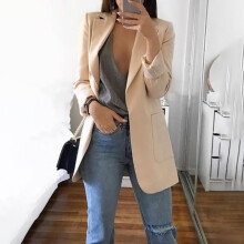 (Beige, 3XL) Womens Slim Blazer Work Ol Jacket Ladies Long Sleeve Outwear Suit Coat Size Plus