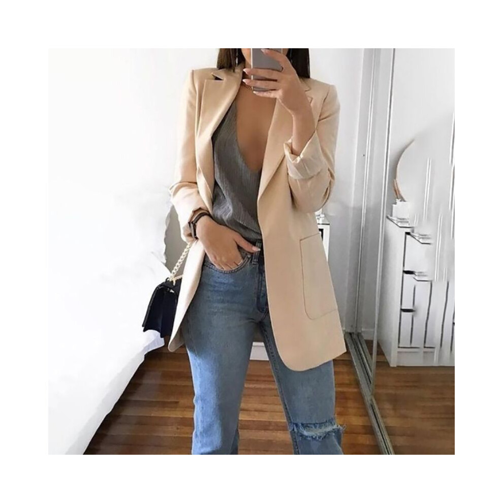 (Beige, 3XL) Womens Slim Blazer Work Ol Jacket Ladies Long Sleeve Outwear Suit Coat Size Plus