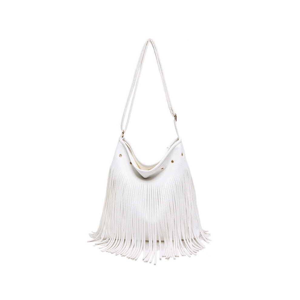 (White) Large Vintage Capacity Pu Shoulder Bag With Trendy Accents Tassel