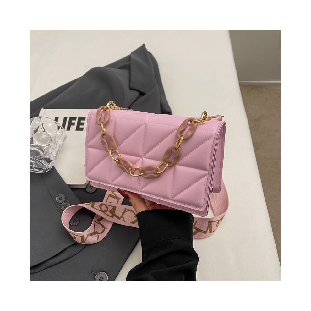 (Pink) Medium Crossbody Stylish Bag For Women Trendy Pu Leather With Stitching And Chain
