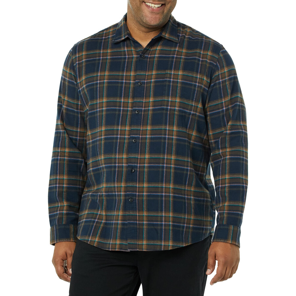 Amazon Essentials Mens Long-Sleeve Flannel Shirt (Available in Big & Tall)  Dark NavyBrown  Plaid  Large