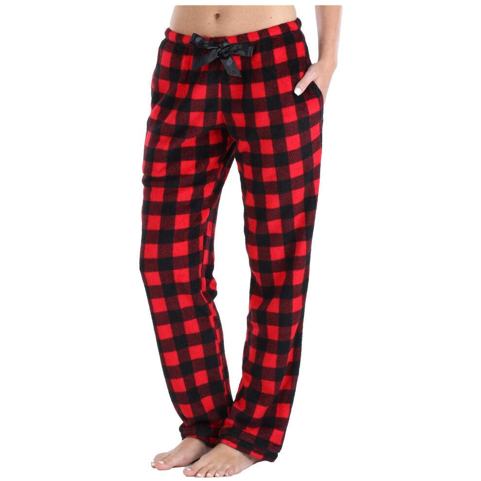 PajamaMania Women's Fleece Pajama Pants with Satin Drawstring, Red and Black Buffalo Plaid, Medium