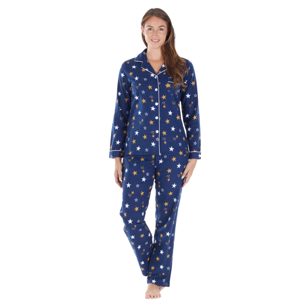 PajamaMania Women's Cotton Flannel Long Sleeve Button-Down Pajamas PJ Set  Navy Shooting Star  2X