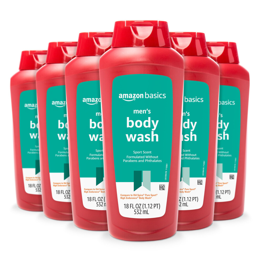 Amazon Basics Men's Body Wash Sport Scent 18 Fluid Ounces 6-Pack (voorheen Solimo)
