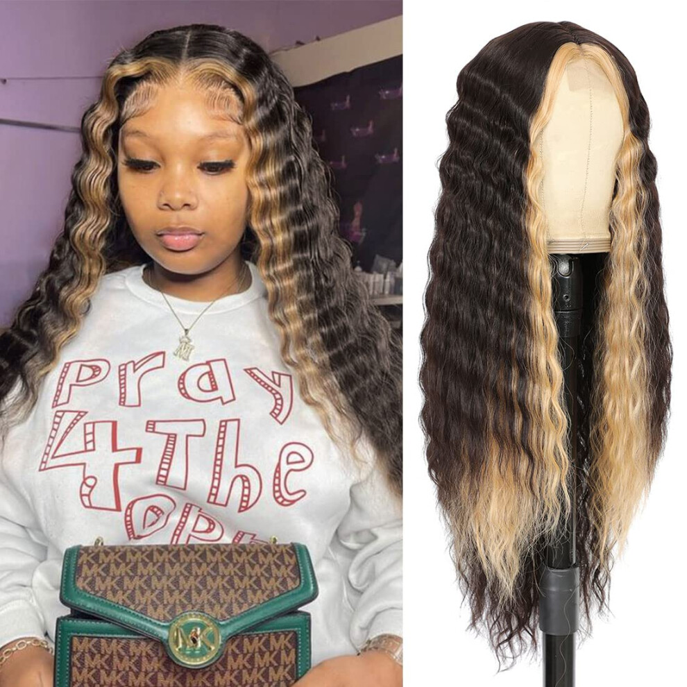 Klion Unisex Brown 28"" Synthetic Curly Wigs For Women Dark Skunk Stripe Wig Deep W