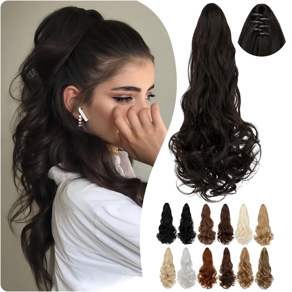 Cephermer Unisex Brown Ponytail Extension Claw 18" Long Curly Wavy Clip In Natural Looking Synthetic Hair Extension Ponytail Hairpiece For Women Dark