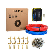Pex-b-Rohr 1/2 Zoll (2 x 75 Fu = 150 Fu, rot und blau), Montage-DIY-Set, Crimp-Verbindung, Klemmwerkzeug, Klemmen, Schneider und robuste Leinentasc