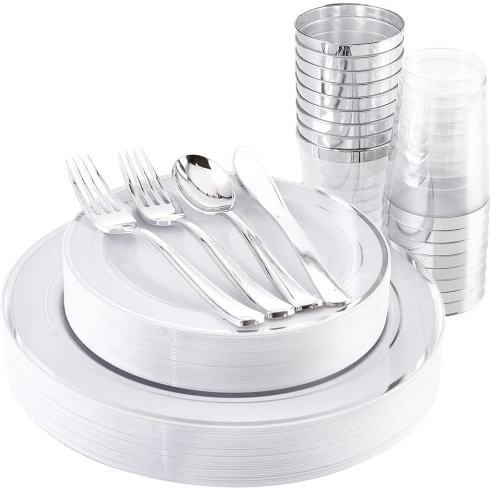 (Silver) 150Pcs Multi-Use Silver Plastic Dinnerware Set, 25 x Resuable Dinner Plates
