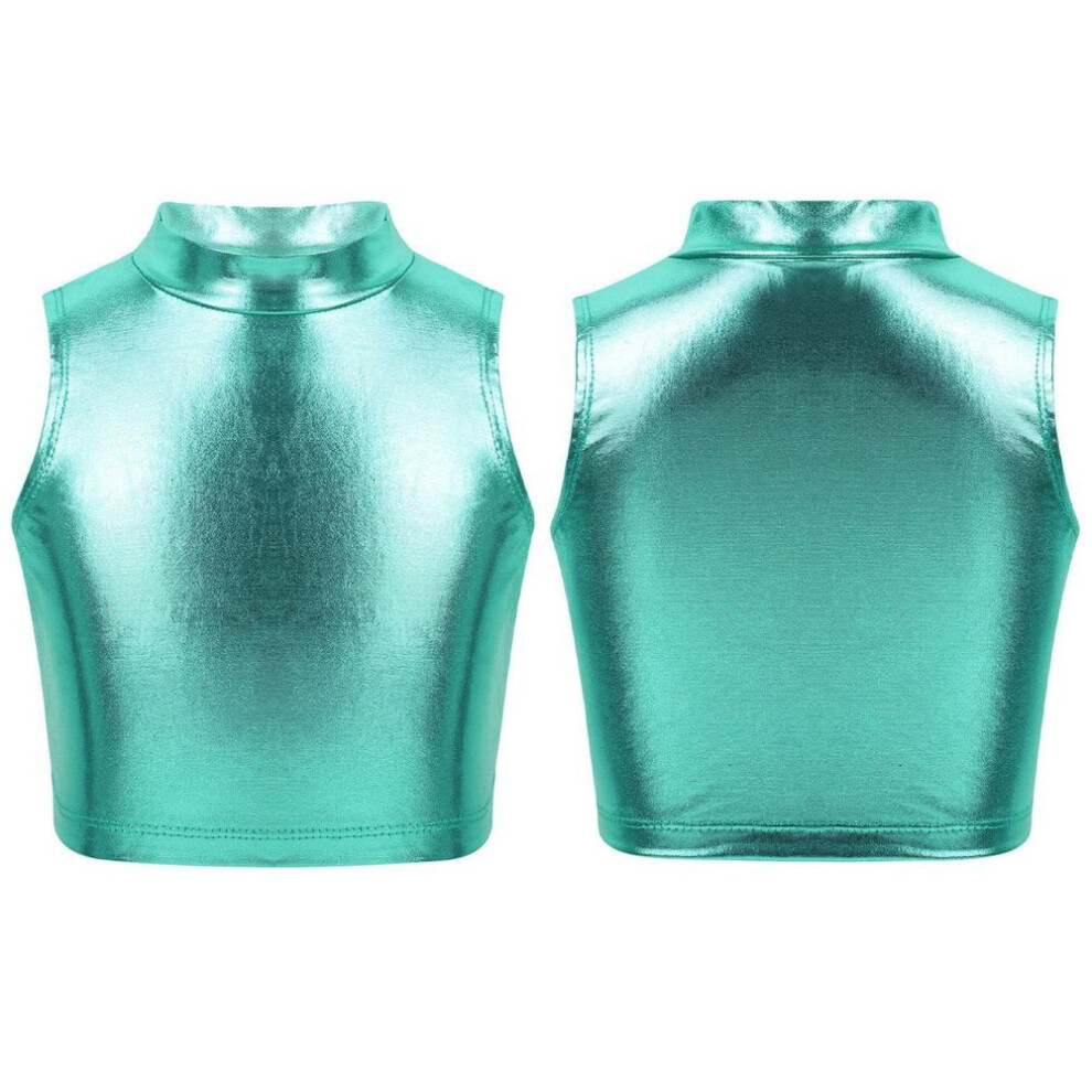 (lake blue, 13-14 Years) Fashion Girls Shiny Metallic Sleeveless Turtleneck Crop Tank Tops Gymnastics Cami Tank Top Dancewear