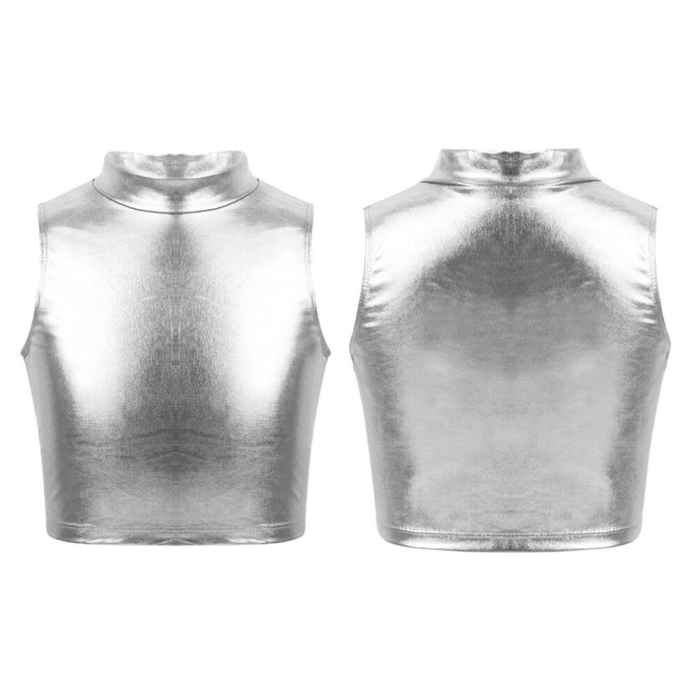 (silver, 15-16 Years) Fashion Girls Shiny Metallic Sleeveless Turtleneck Crop Tank Tops Gymnastics Cami Tank Top Dancewear