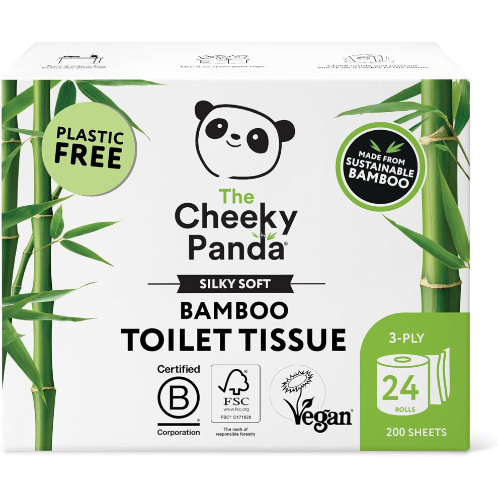 The Cheeky Panda Bamboo Toilet Rolls Bulk Buy 24 Rolls of 3 Ply Toilet Paper Plastic Free Packaging and Sustainable Tissue Paper White
