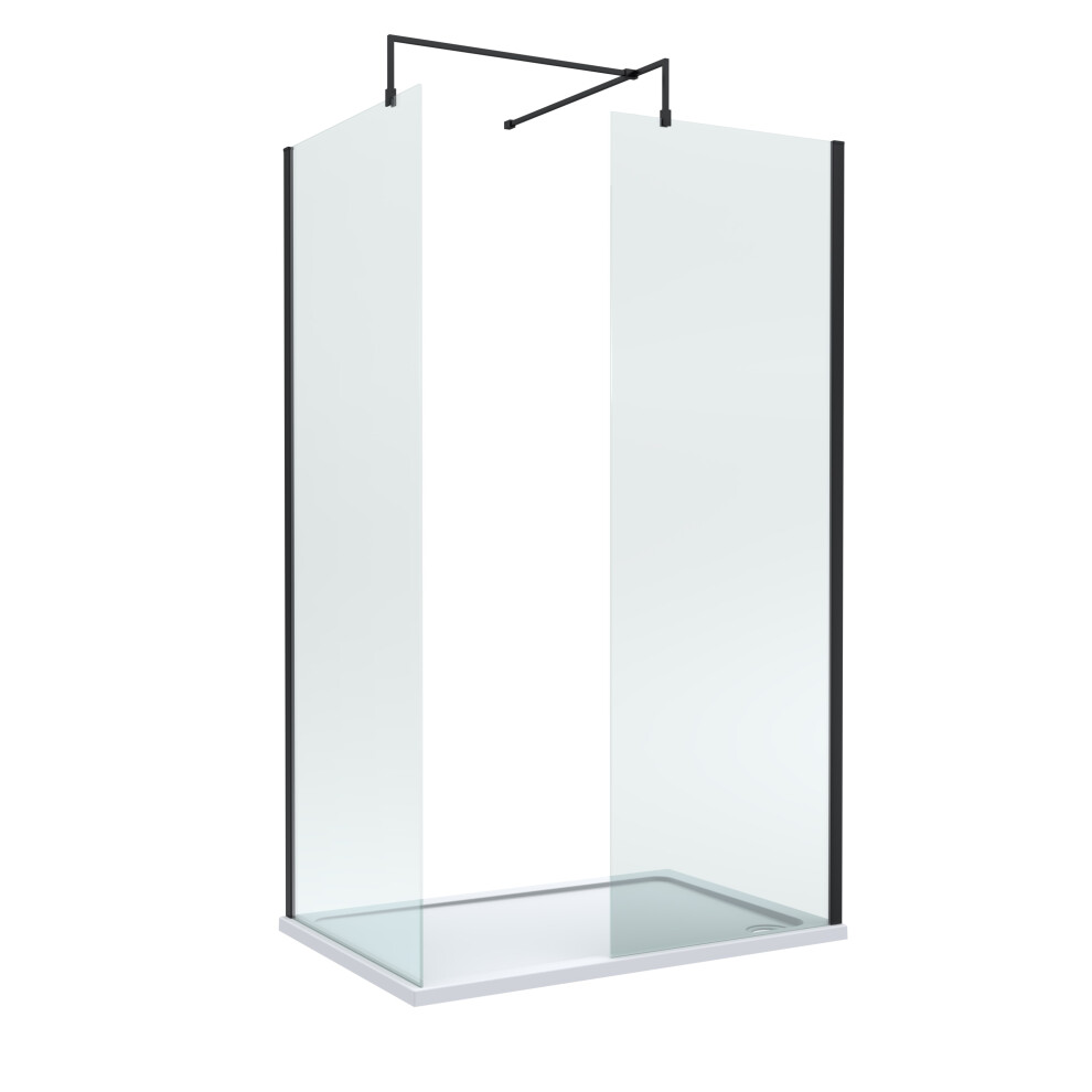 8mm Glass Walk In Wetroom Screens with Matt Black Profile and White Shower Tray - 1200 x 700mm