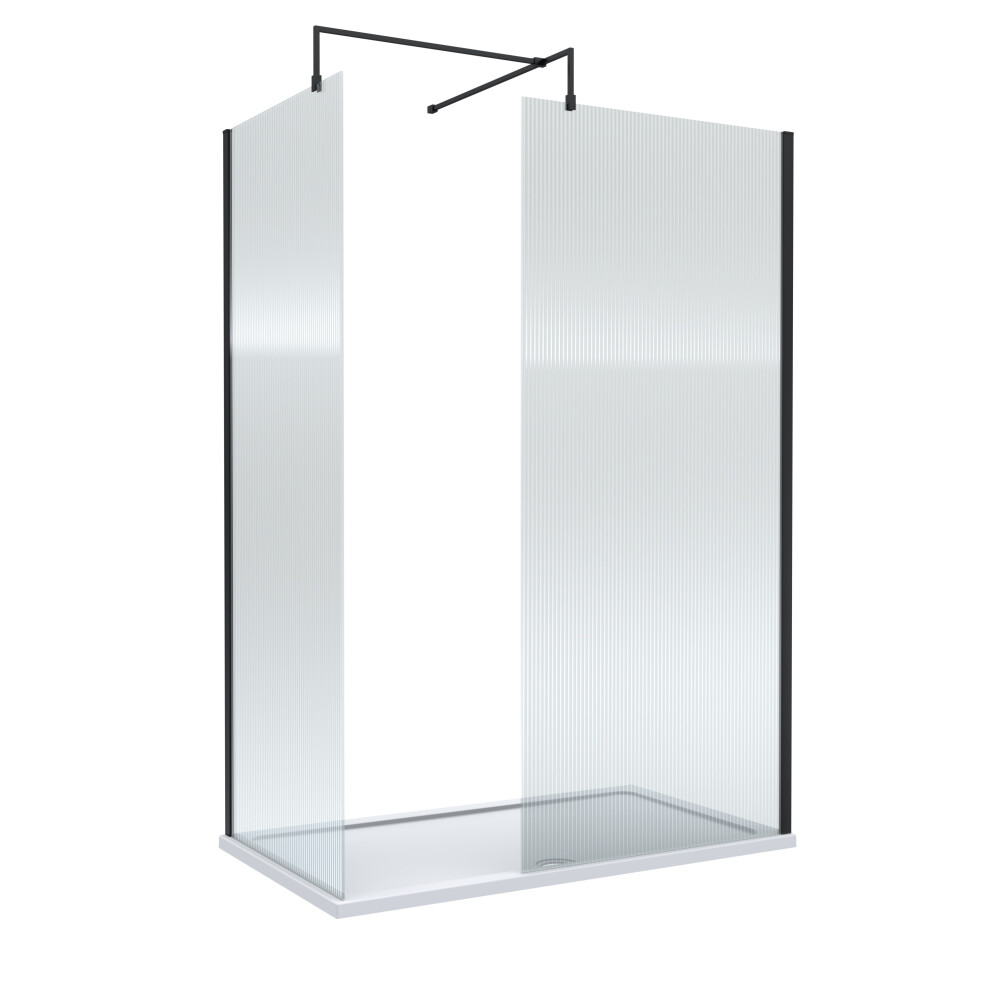Balterley 8Mm Fluted Glass Walk In Wetroom Screens With Matt Profile And Shower Tray - 1400 X 800Mm Black/White