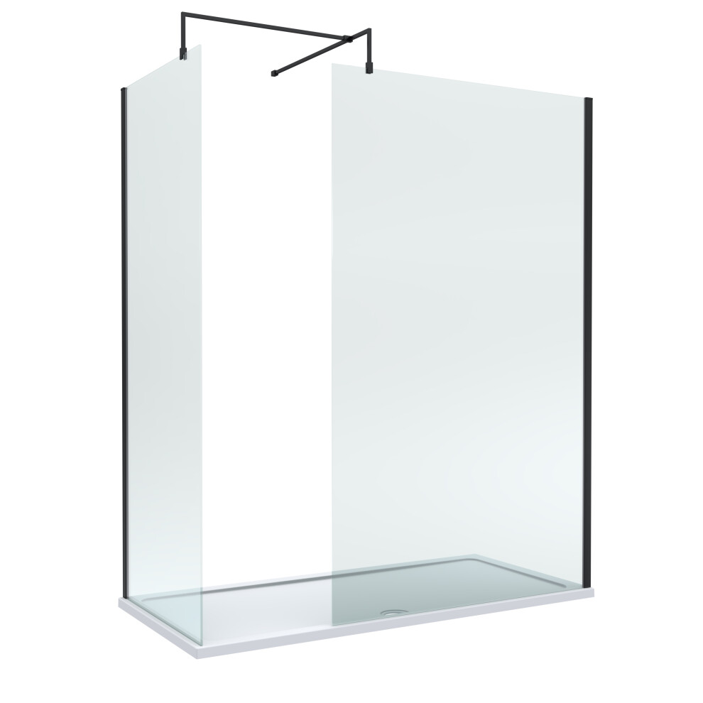8mm Glass Walk In Wetroom Screens with Matt Black Profile and White Shower Tray - 1700 x 700mm