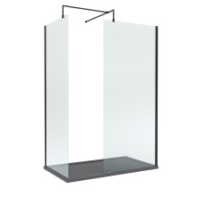 8mm Glass Walk In Wetroom Screens with Matt Black Profile and Slate Grey Shower Tray - 1400 x 700mm