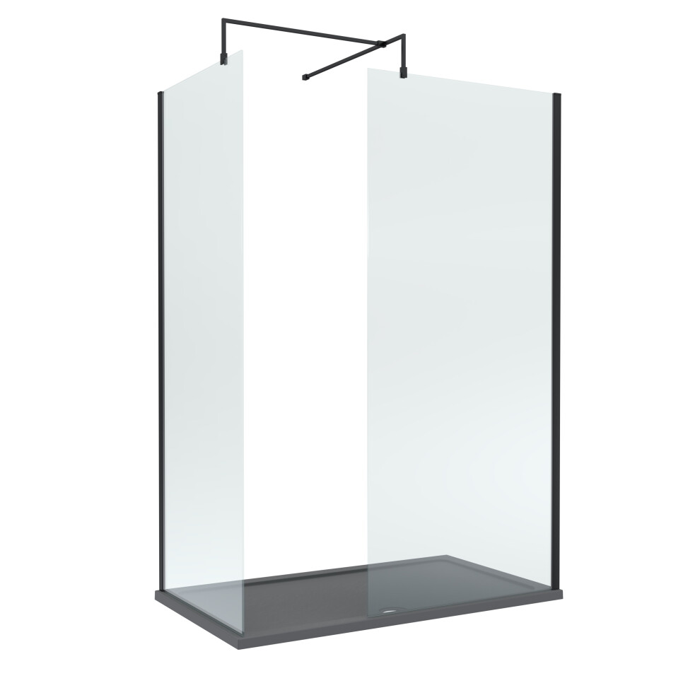 8mm Glass Walk In Wetroom Screens with Matt Black Profile and Slate Grey Shower Tray - 1400 x 900mm