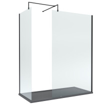 8mm Glass Walk In Wetroom Screens with Matt Black Profile and Slate Grey Shower Tray - 1700 x 700mm