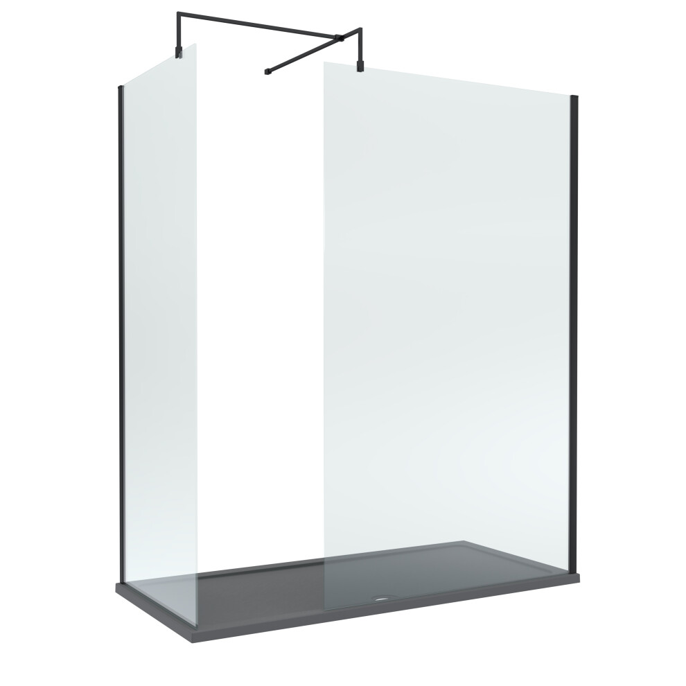 8mm Glass Walk In Wetroom Screens with Matt Black Profile and Slate Grey Shower Tray - 1700 x 700mm