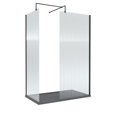 8mm Fluted Glass Walk In Wetroom Screen with Matt Black Profile and Slate Grey Shower Tray - 1400 x 900mm