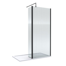8mm Fluted Glass Walk In Wetroom Screen and Hinged Return with Black Profile and Shower Tray - 1400 x 800mm