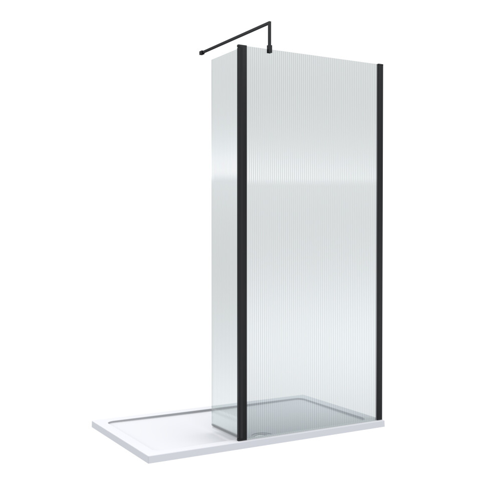 Balterley 8Mm Fluted Glass Walk In Wetroom Screen And Hinged Return With Profile And Shower Tray - 1400 X 800Mm Black