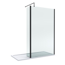 8mm Glass Walk In Wetroom Screen and Hinged Return Screen with Matt Black Profile and Shower Tray - 1700 x 800mm
