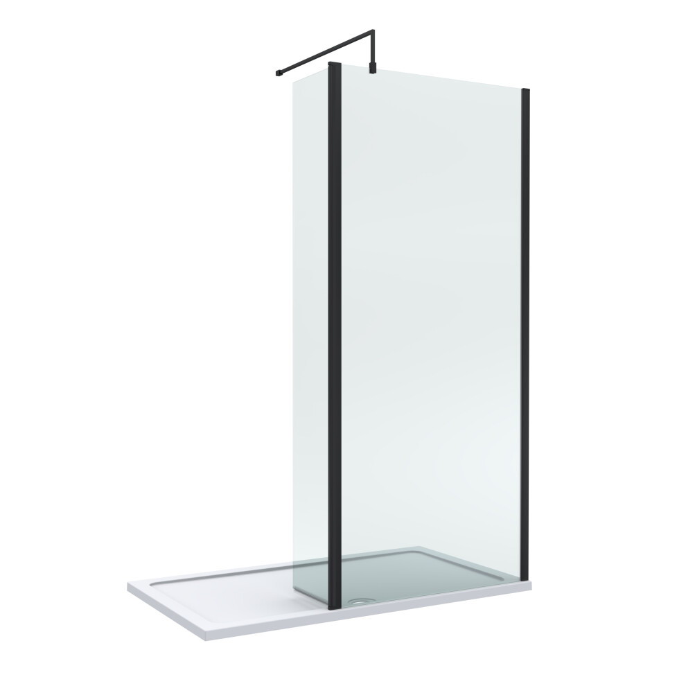 8mm Glass Walk In Wetroom Screen and Hinged Return Screen with Matt Black Profile and Shower Tray - 1400 x 800mm