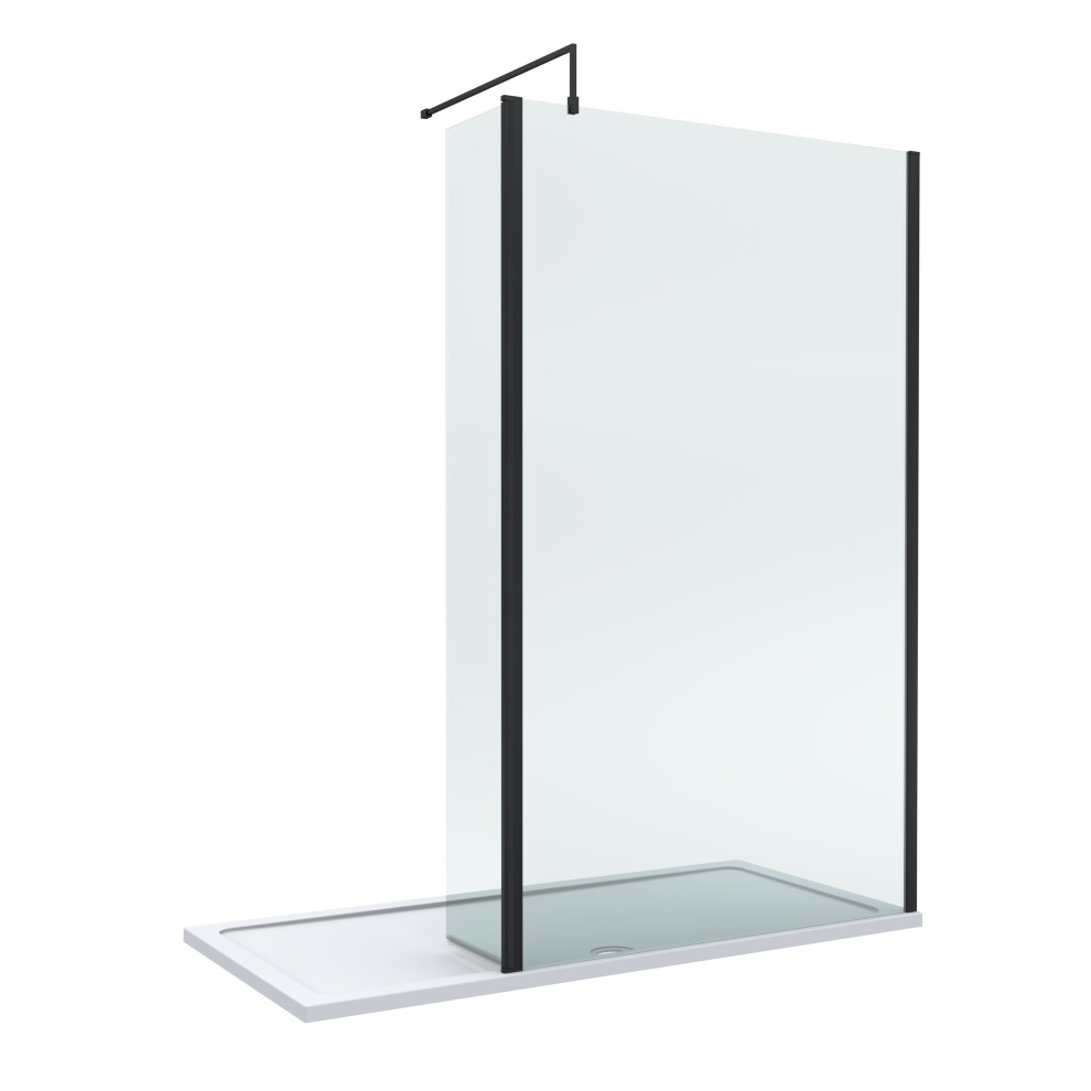 8mm Glass Walk In Wetroom Screen and Hinged Return Screen with Matt Black Profile and Shower Tray - 1700 x 900mm