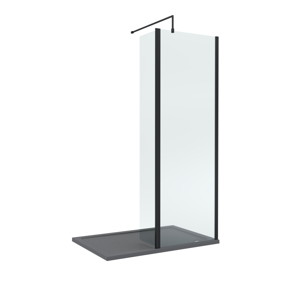 8mm Glass Walk In Wetroom Screen and Hinged Return Screen with Matt Black Profile and Grey Shower Tray - 1200 x 900mm
