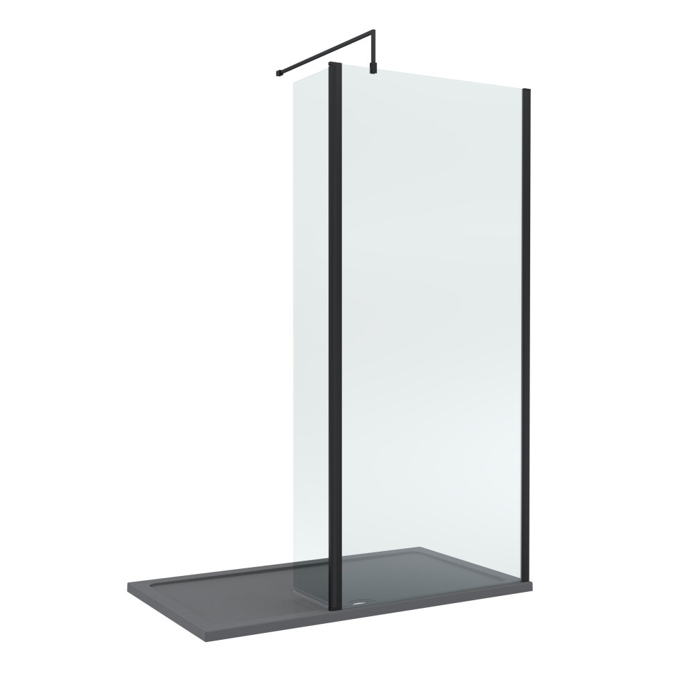 8mm Glass Walk In Wetroom Screen and Hinged Return Screen with Matt Black Profile and Grey Shower Tray - 1400 x 700mm