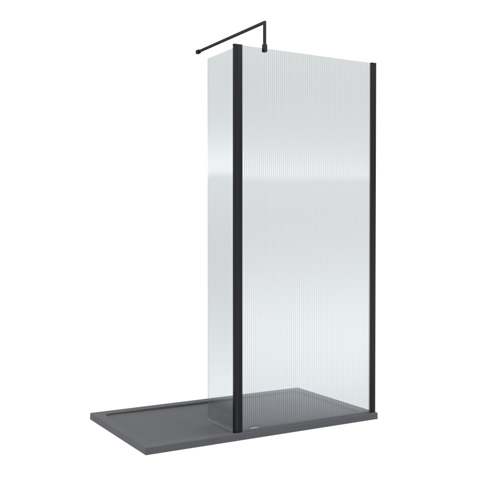 8mm Fluted Glass Walk In Wetroom Screen and Hinged Return with Black Profile and Grey Shower Tray - 1400 x 900mm