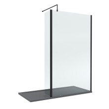8mm Glass Walk In Wetroom Screen and Hinged Return Screen with Matt Black Profile and Grey Shower Tray - 1700 x 900mm