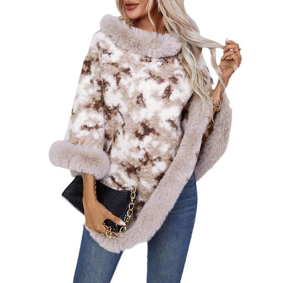 (apricot, One Size) Women&apos;s Casual Poncho Faux Fur Shawl Wrap Cape With Faux Fur Trim Winter Sleeveless Cloak Coat Warm Pullover Luxury Knitted Sweater Poncho For Wo