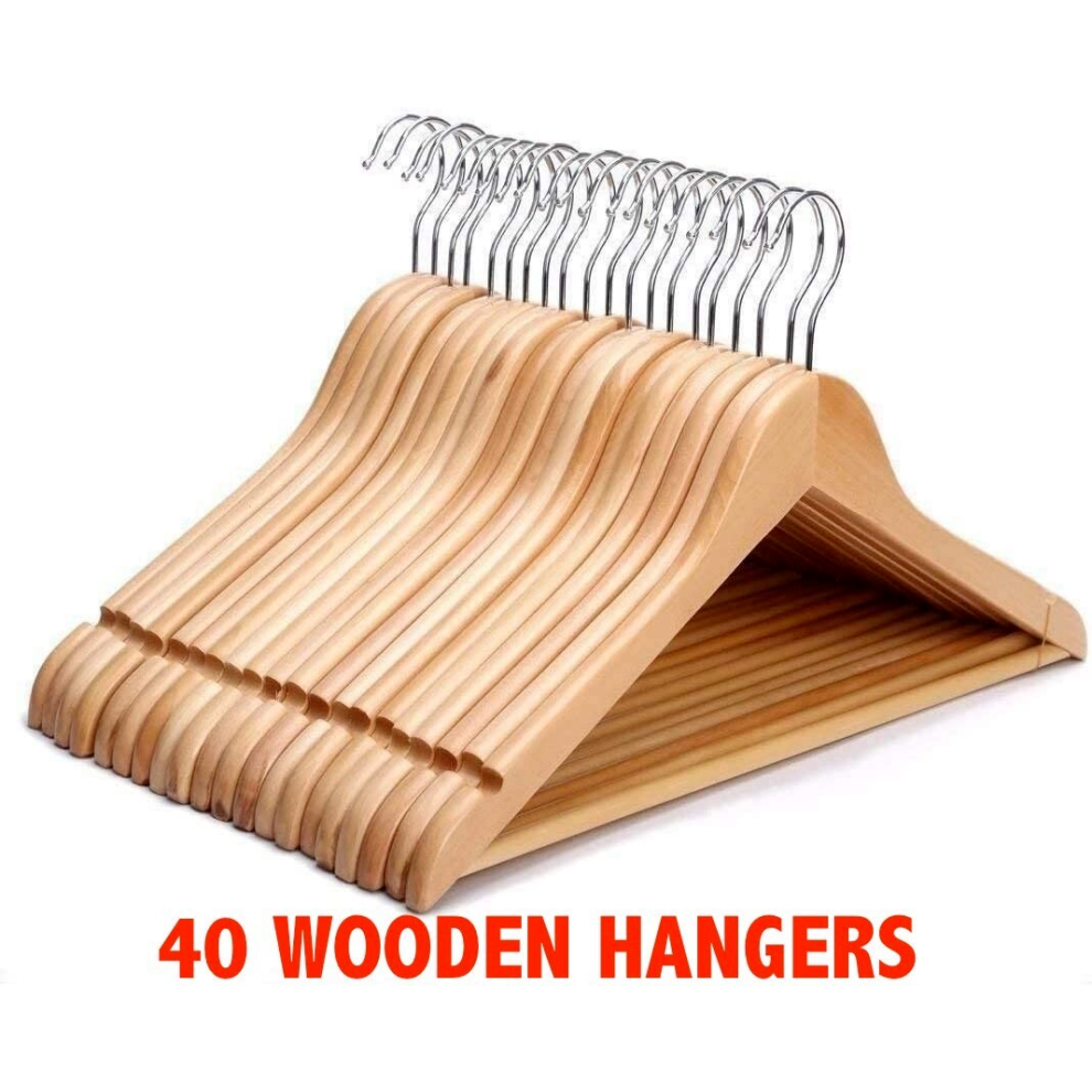 40 WOODEN COAT HANGERS SUIT GARMENTS CLOTHES WOOD HANGER TROUSER BAR SET